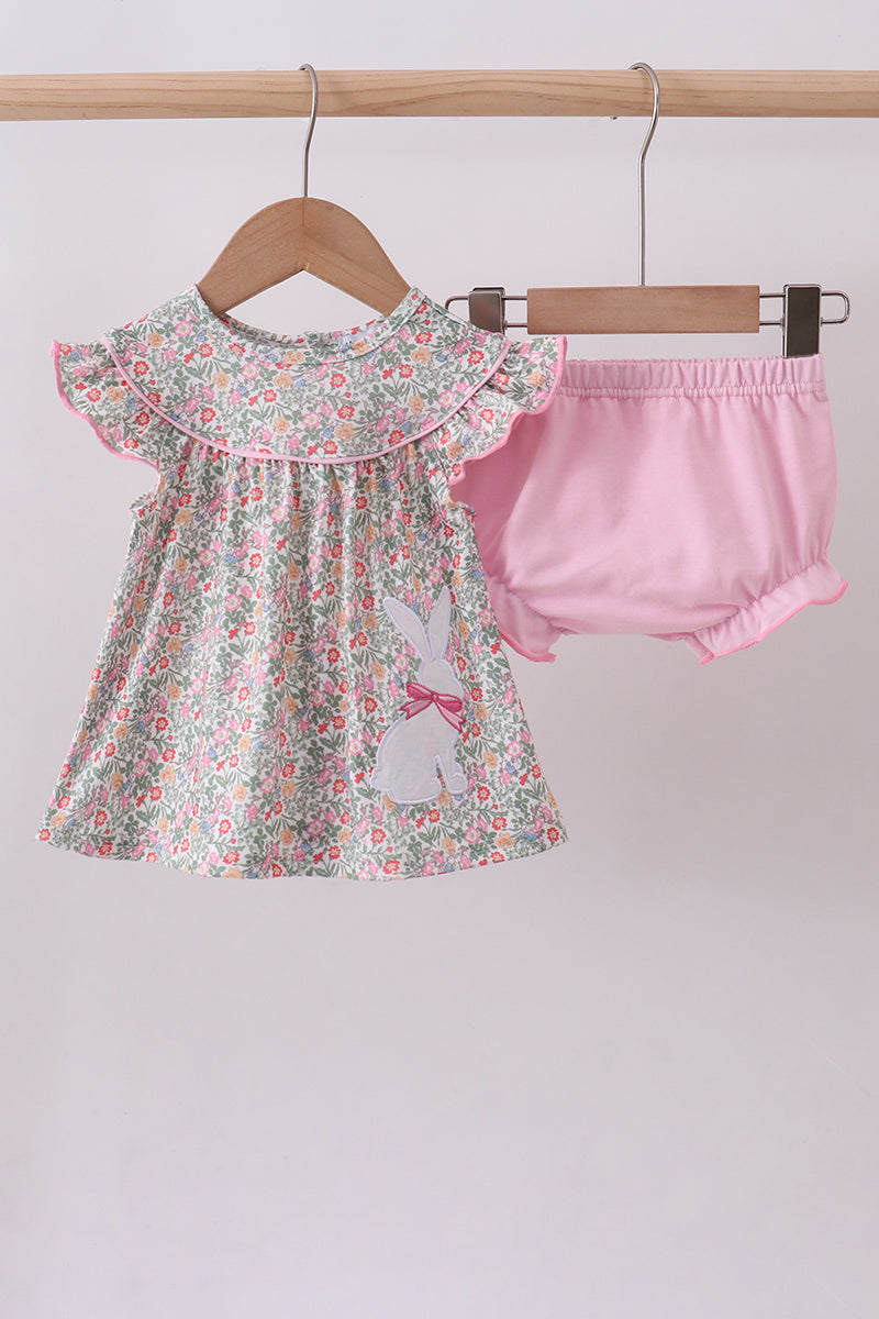 Floral bunny applique ruffle bloomer set