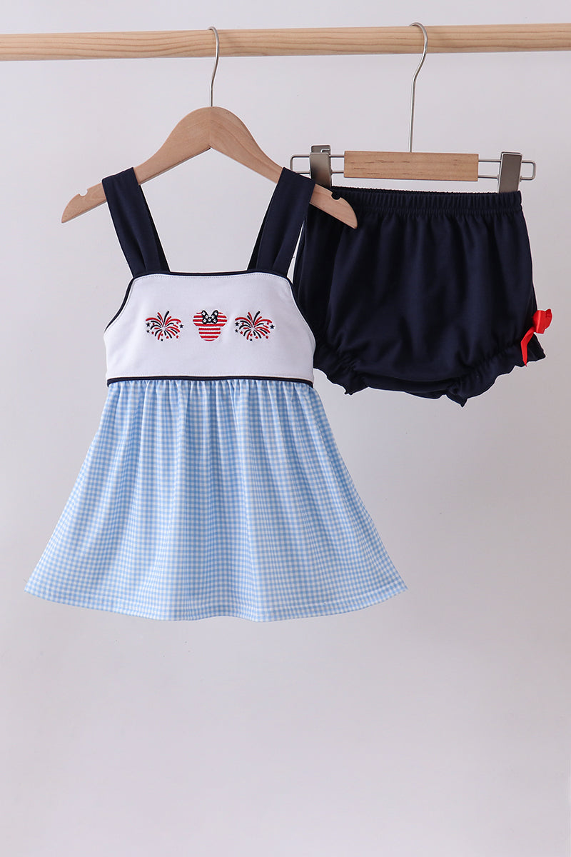 Blue character embroidery gingham bloomer set