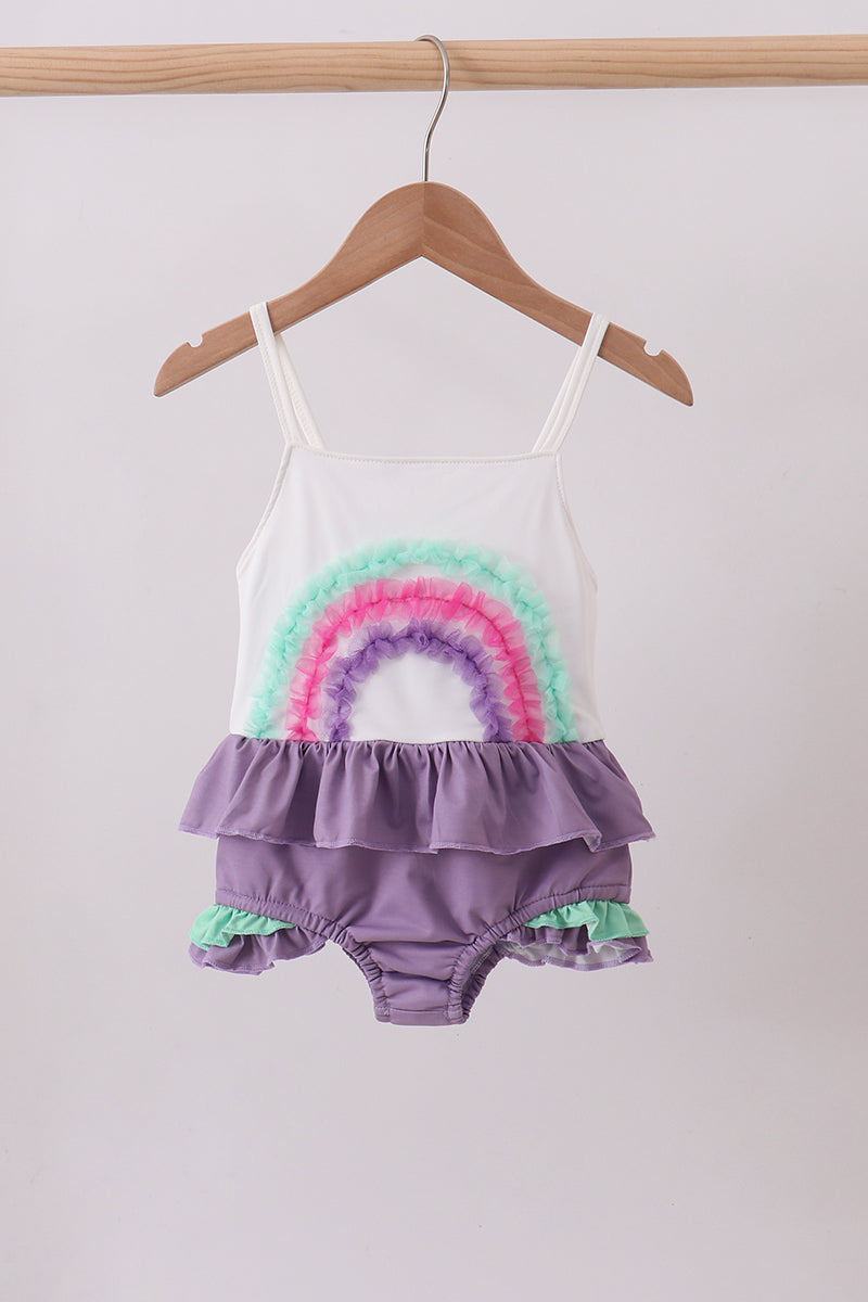 Purple lace rainbow ruffle one-piece swimsuit