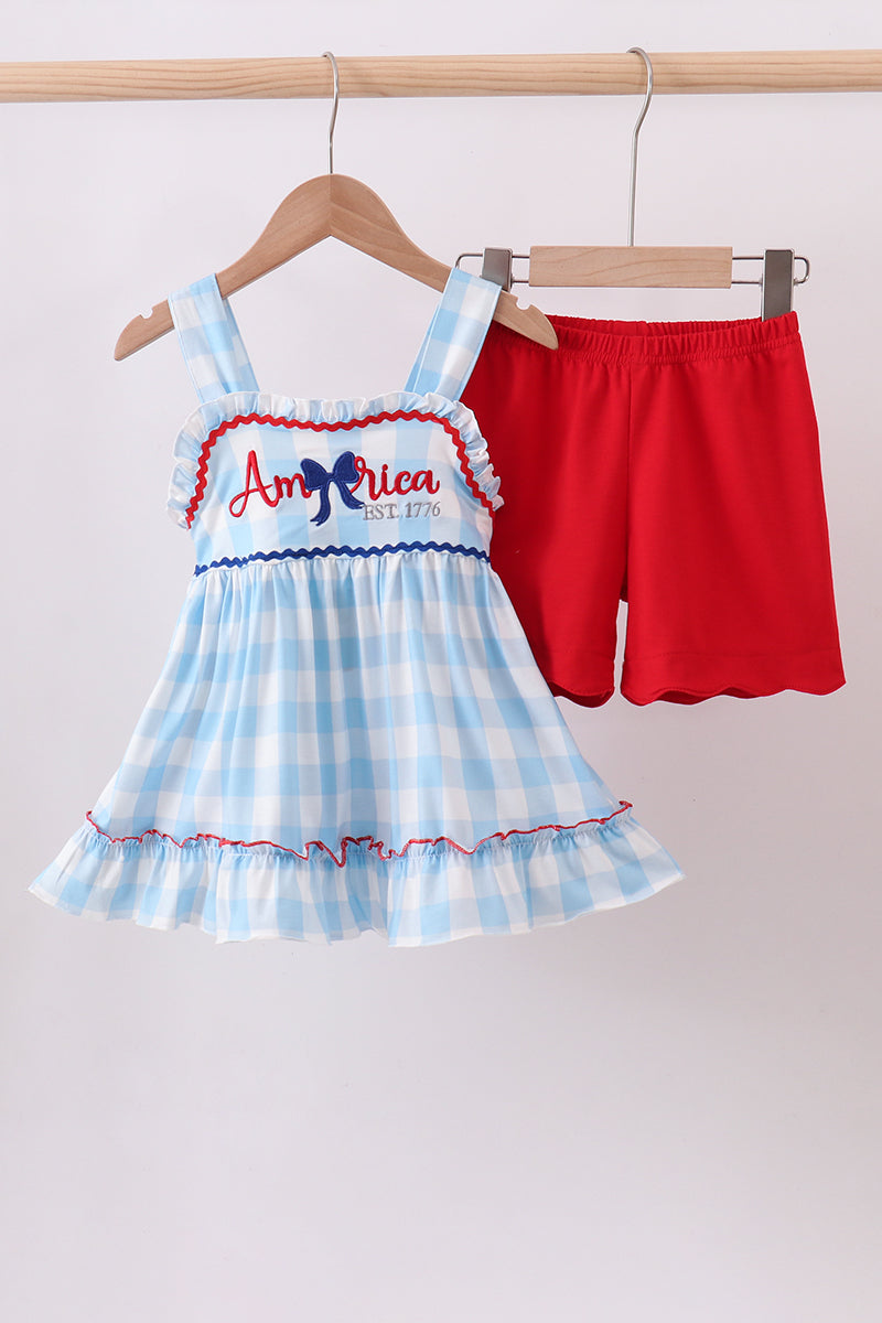 Blue America embroidery gingham ruffle shorts set