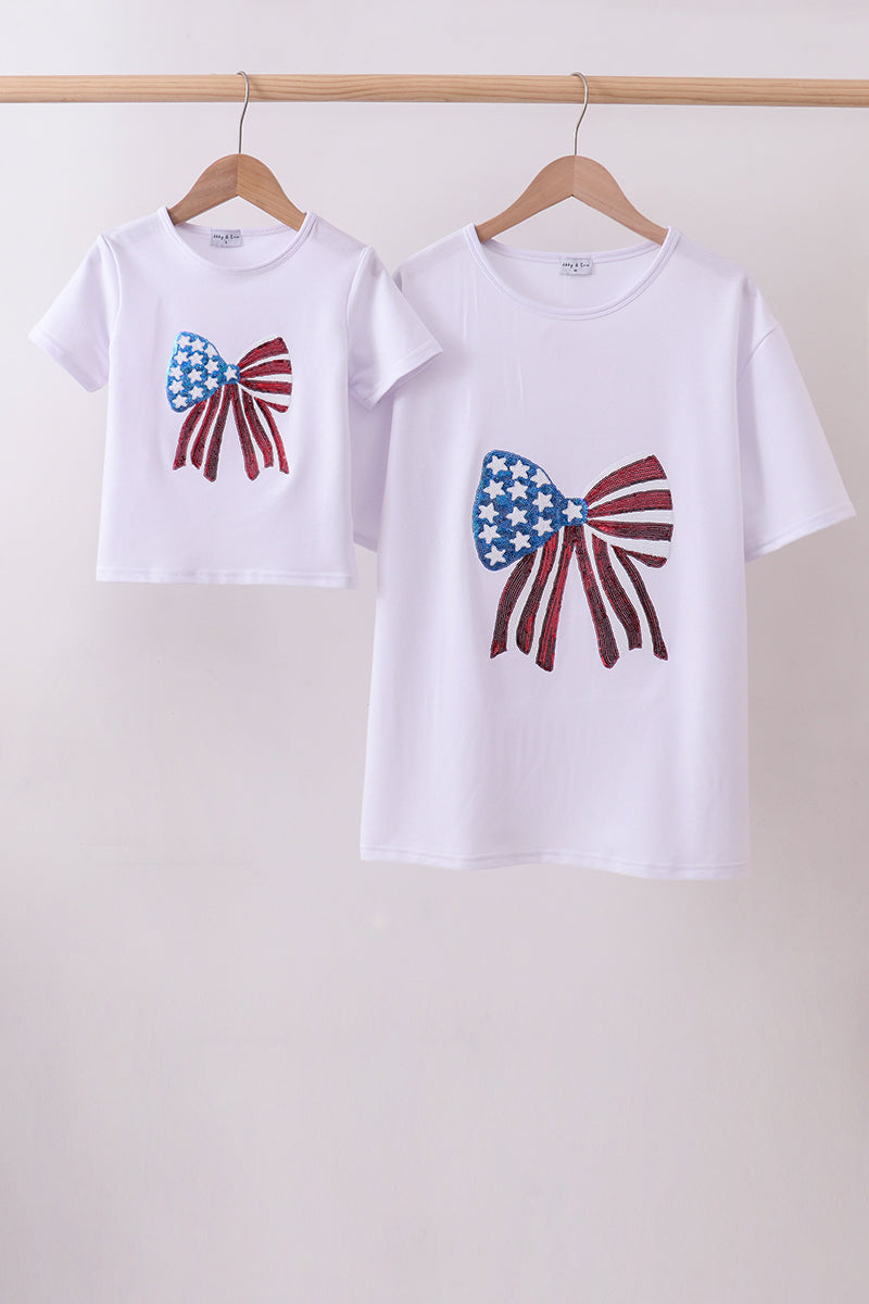White bow sequin mom&me top