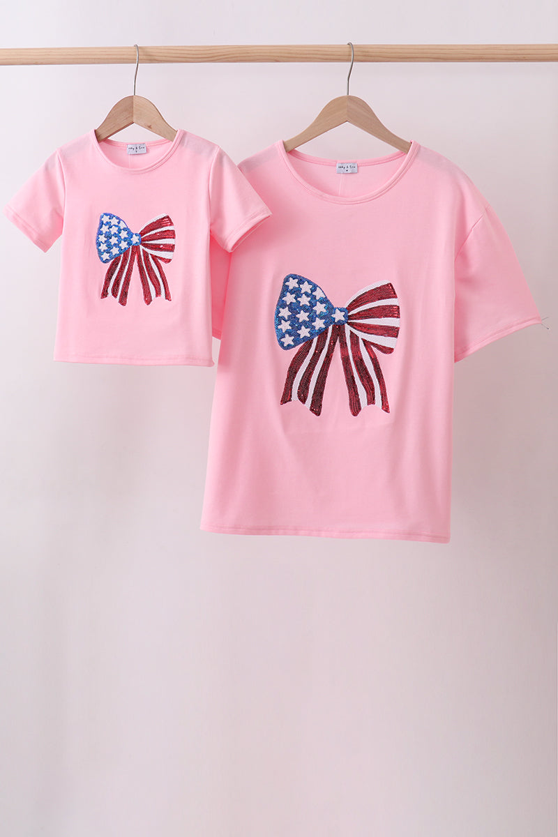 Pink flag bow sequin mom&me top