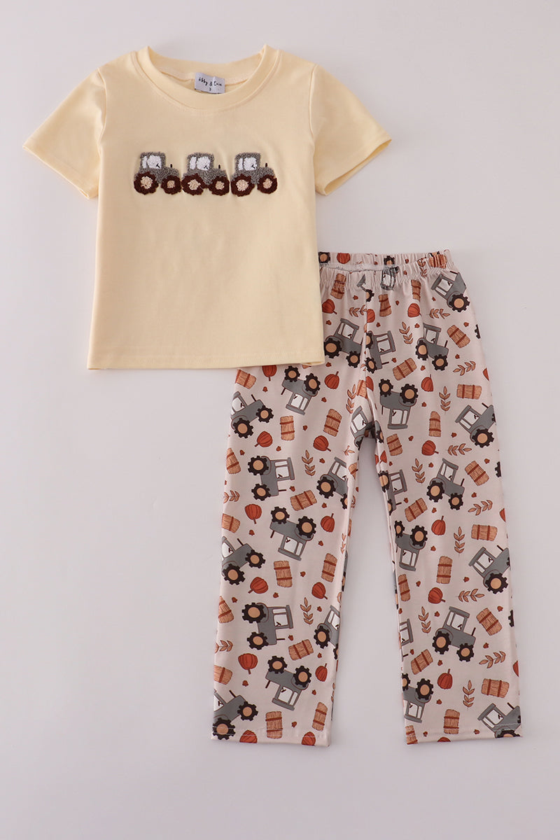Yellow tractor french knot pants set