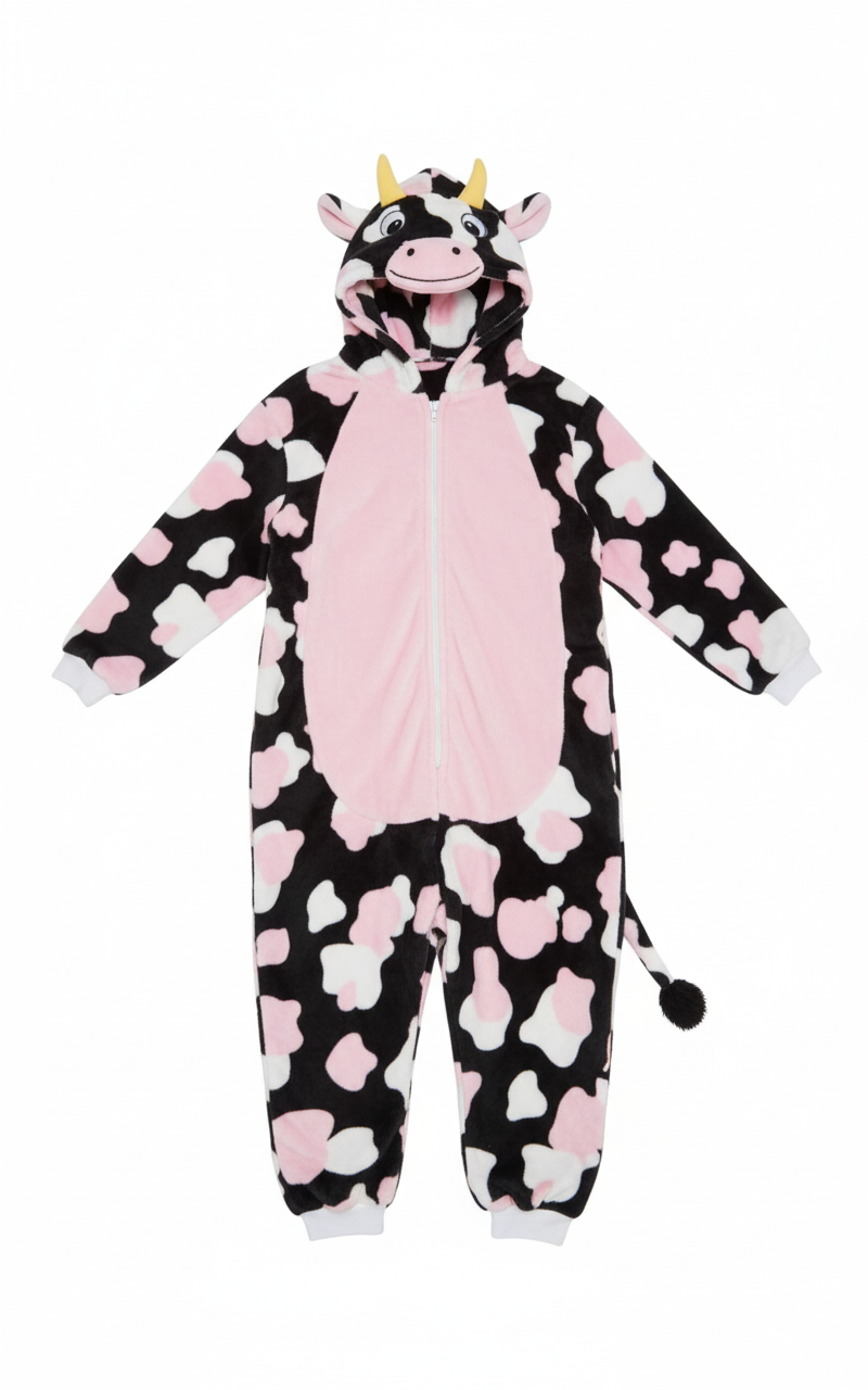 Person wearing a cow-themed onesie with pink hearts on a white background