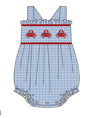 Blue crab embroidery gingham ruffle bubble