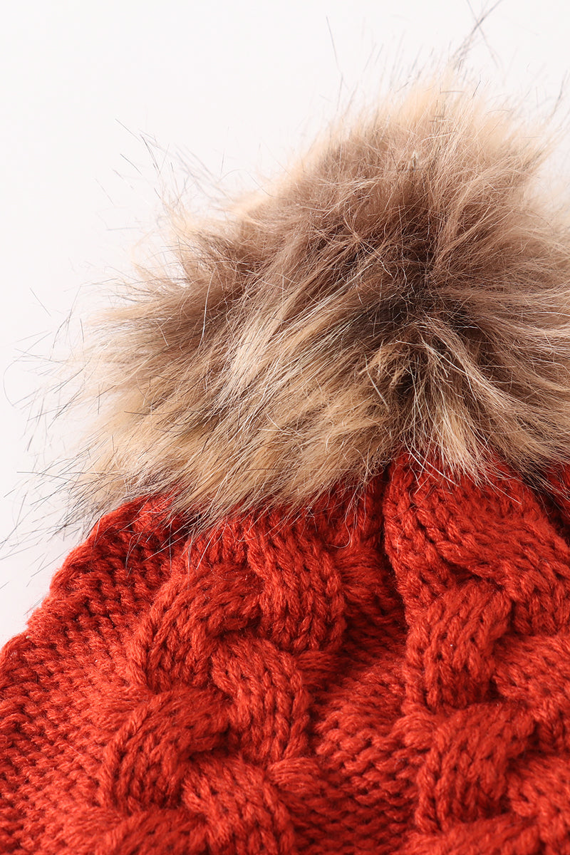 Caramel pompom  cable beanie hat