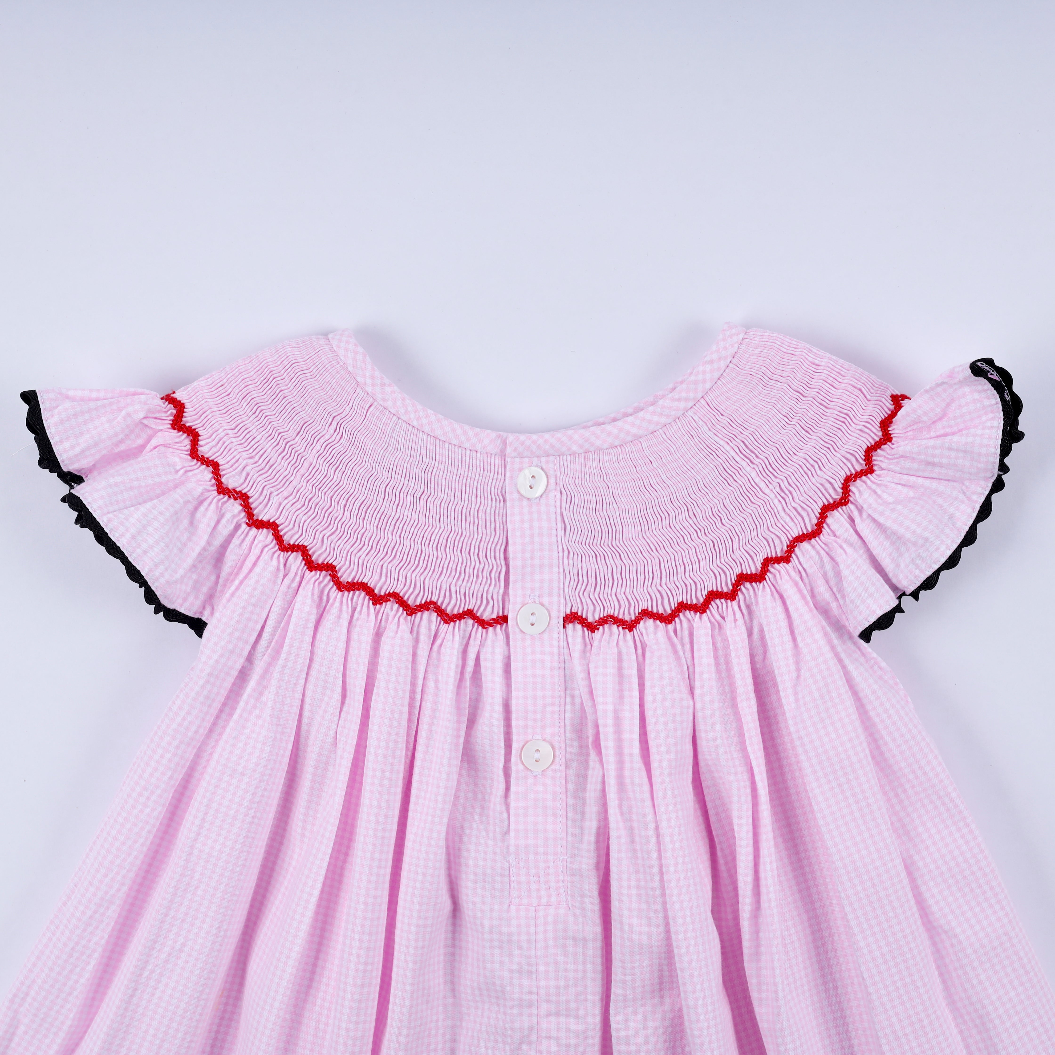 Red character hand smocked plaid ruffle dress