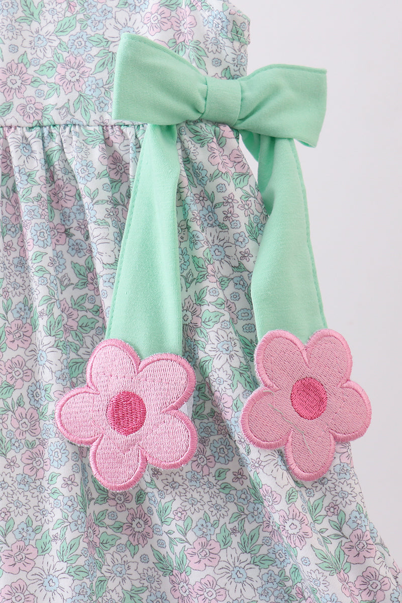 Green floral print bow dress