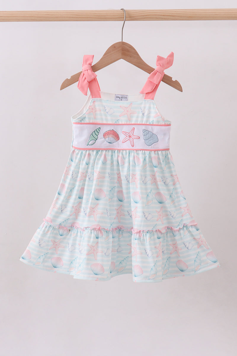Pink shell starfish embroidery bow ruffle dress