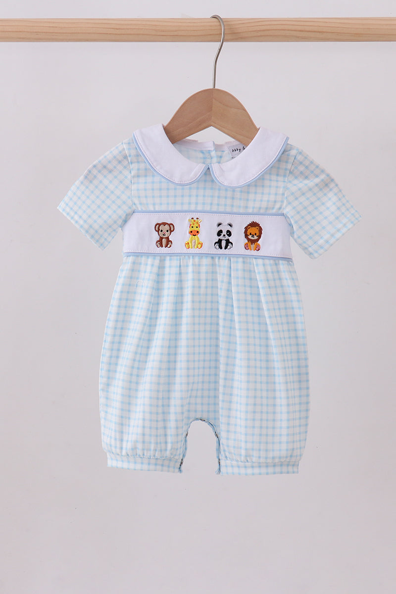 Blue zoo animal embroidery gingham romper