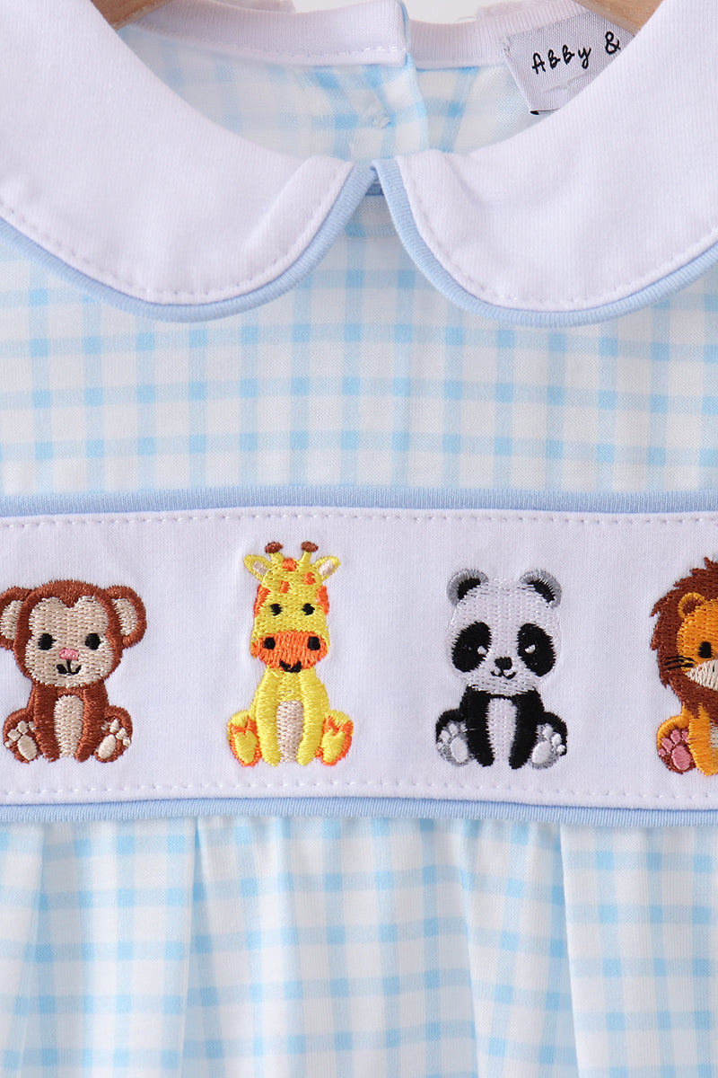 Blue zoo animal embroidery gingham romper
