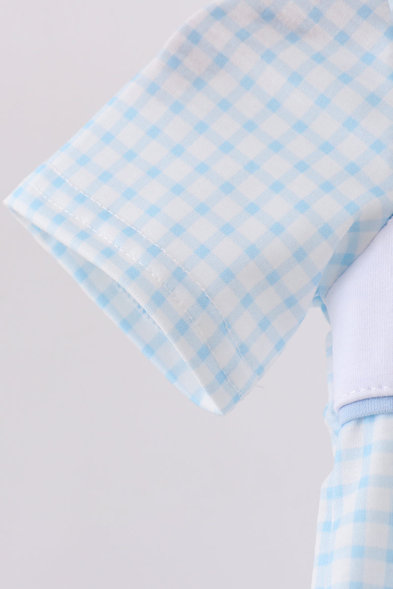 Blue zoo animal embroidery gingham romper
