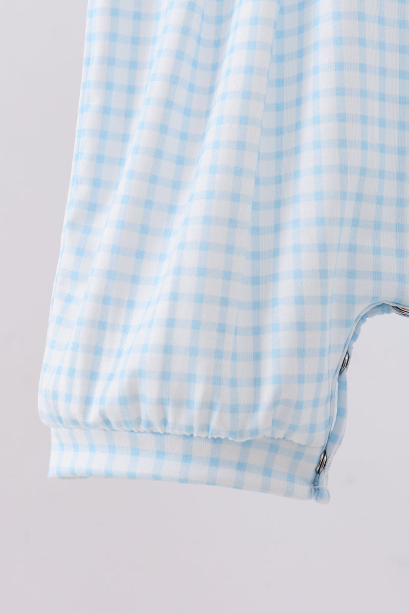 Blue zoo animal embroidery gingham romper