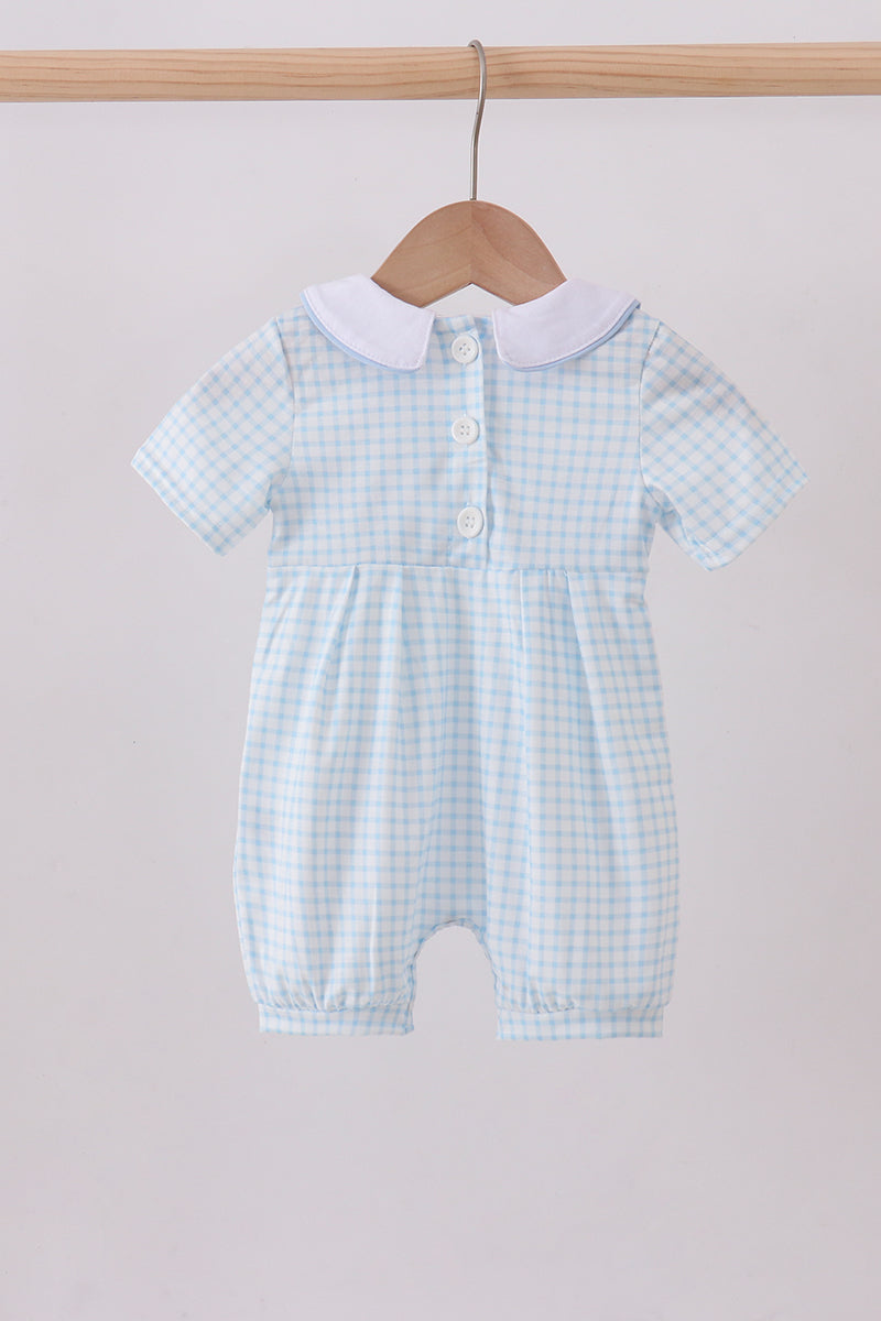 Blue zoo animal embroidery gingham romper