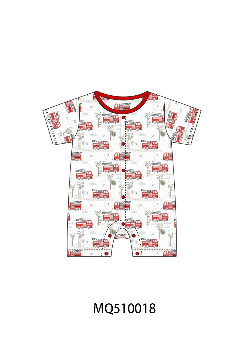 Red fire truck print bamboo romper
