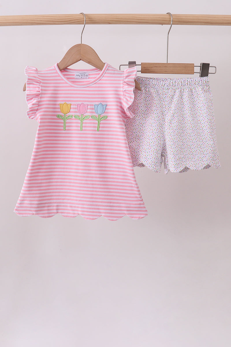 Pink floral embroidery stripe ruffle shorts set