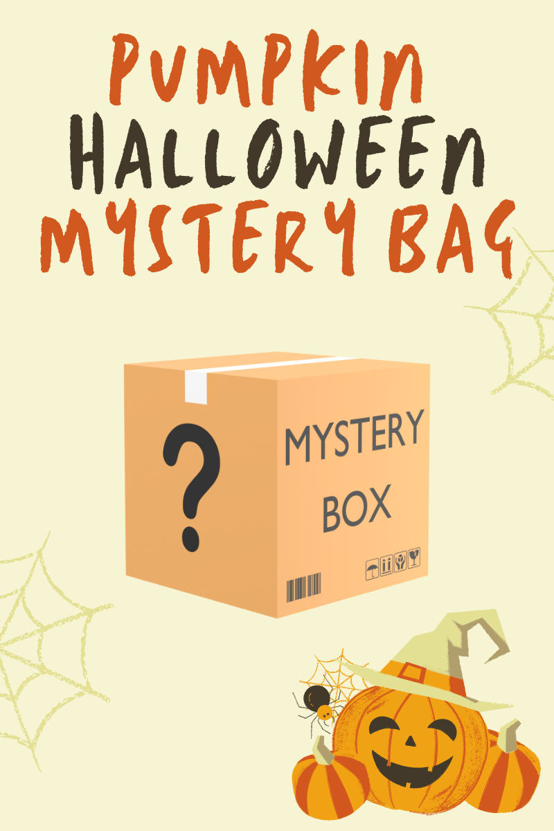 A young child wearing a pink dress with a Halloween theme, including two white ghosts, standing against a white background with the text 'Halloween' and 'MYSTERY BAG' added visually.